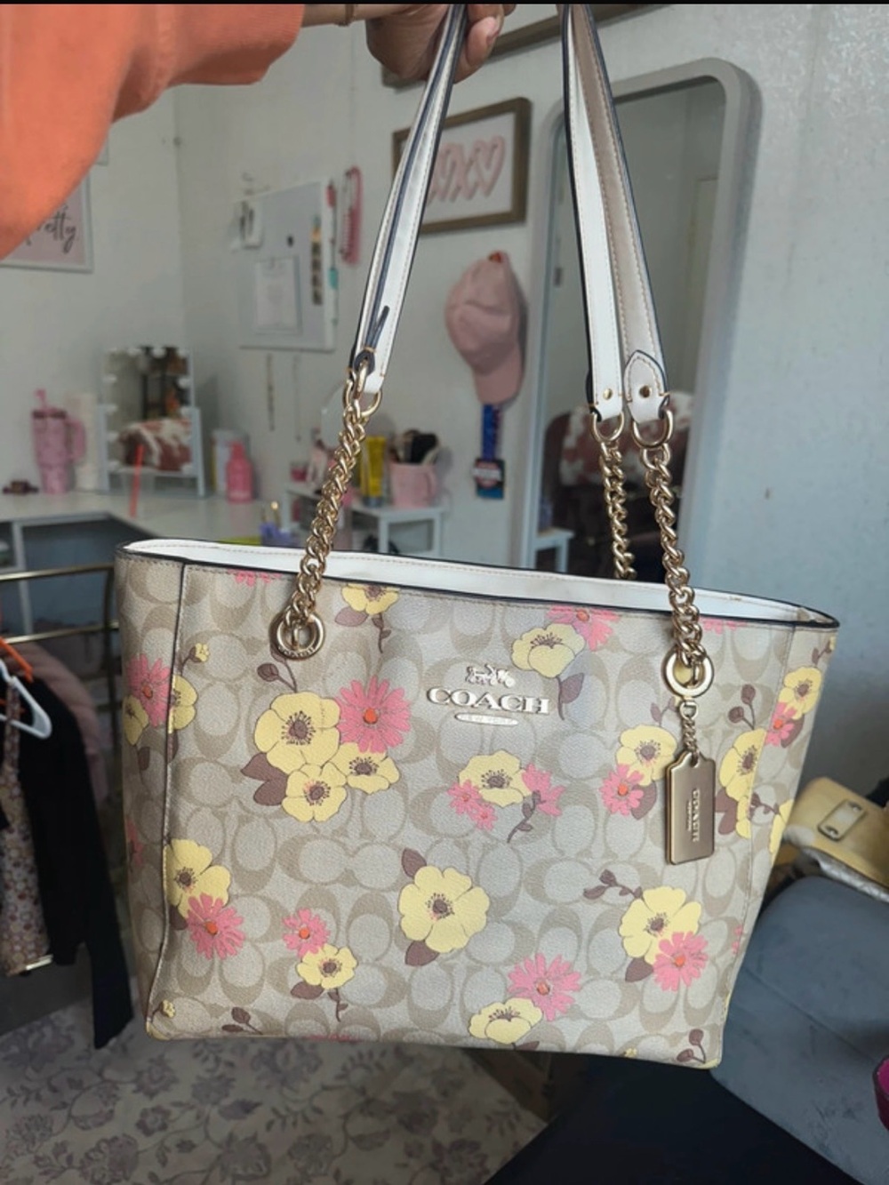 Coach Beige Floral Tote with Pink & Yellow Blooms